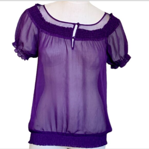 EXPRESS Sheer Peasant Style Top Smock Waist Short Sleeve Sz S Plum Purple #16F - Picture 1 of 7